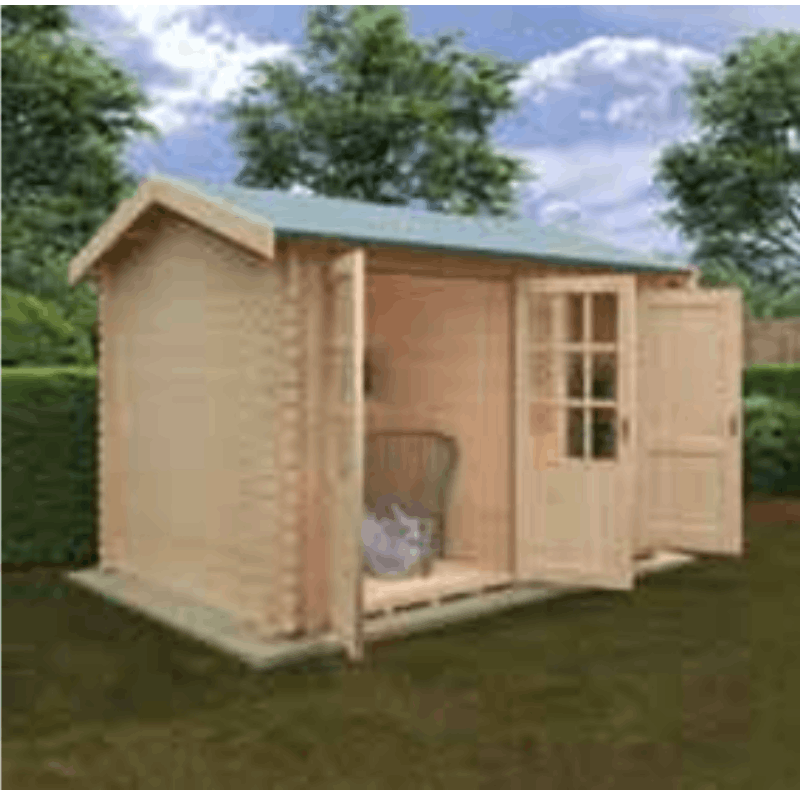 Coronation log cabin with doors open both sides, light wood colour