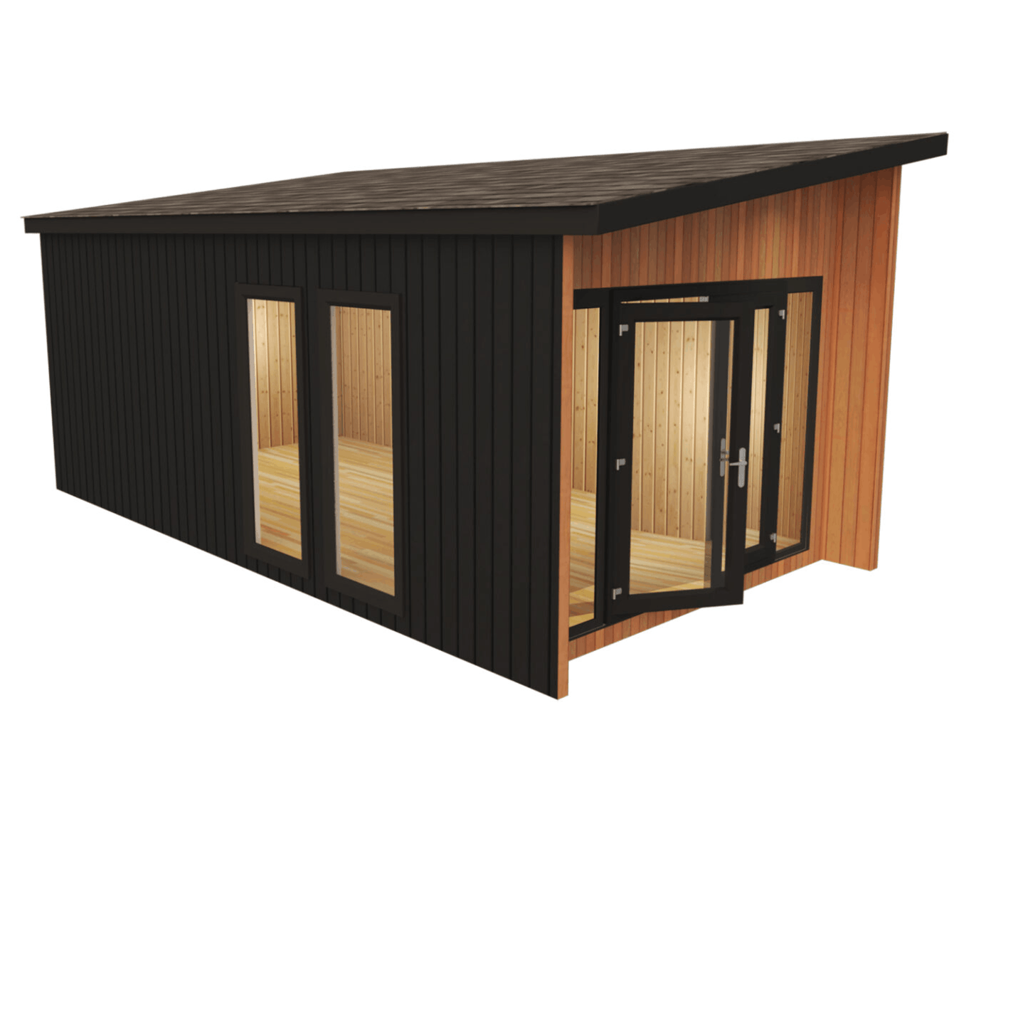 The Sandhurst Garden Room side view, double doors at the front and floor to ceiling window at the side, slanting roof design