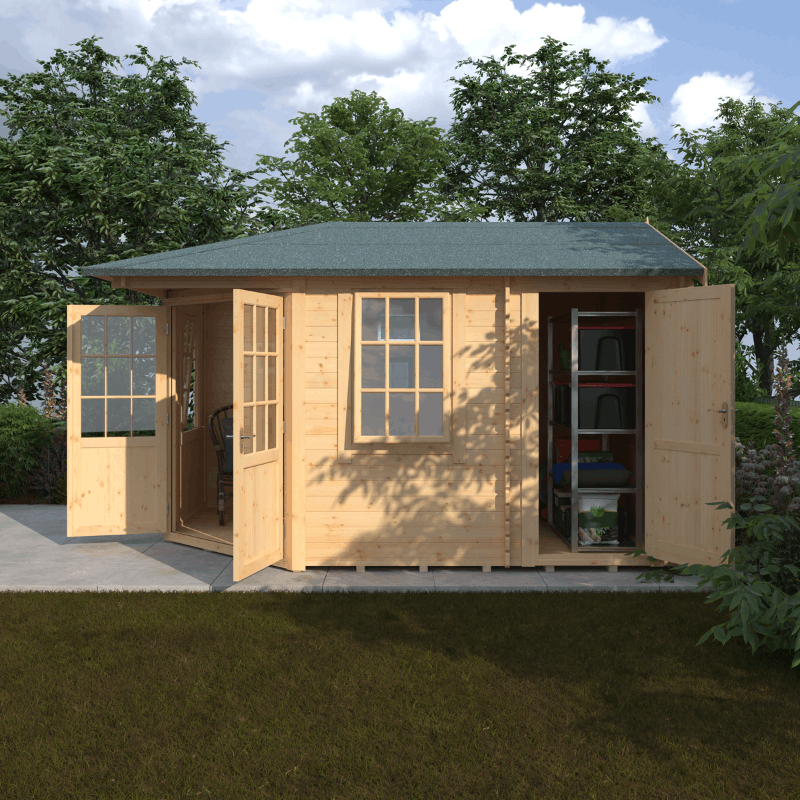 Wooden cabin with Georgian glazed windows and double doors