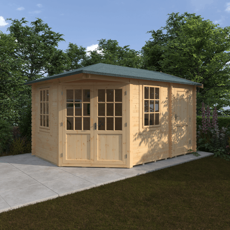 Wooden cabin with Georgian glazed windows and double doors