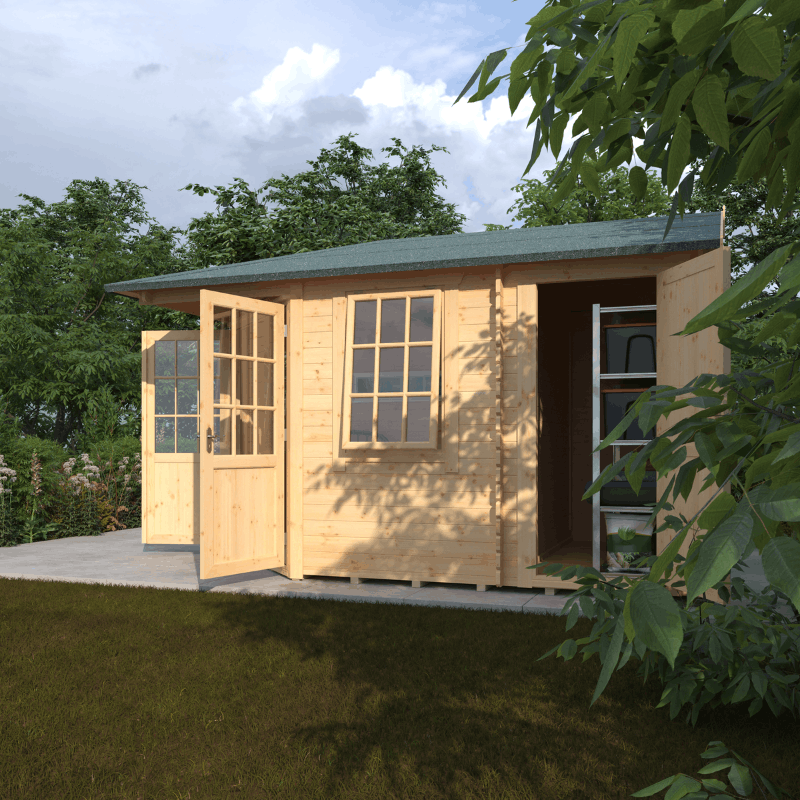 Wooden cabin with Georgian glazed windows and double doors