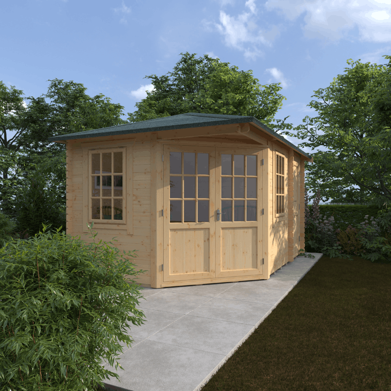 Wooden cabin with Georgian glazed windows and double doors