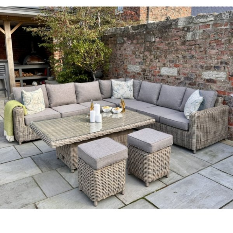 Amalfi corner set. Engineered for versatility, the innovative riser table transitions effortlessly between coffee table and dining heights