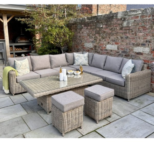 Amalfi corner set. Engineered for versatility, the innovative riser table transitions effortlessly between coffee table and dining heights