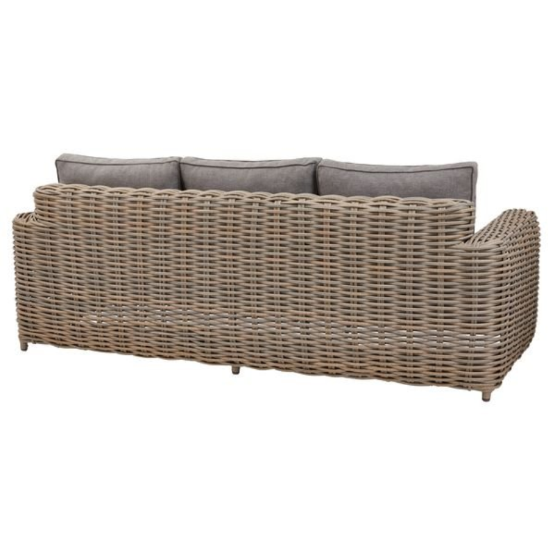 Rattan sofa with beige cushions, fabric, metal, synthetic fibres