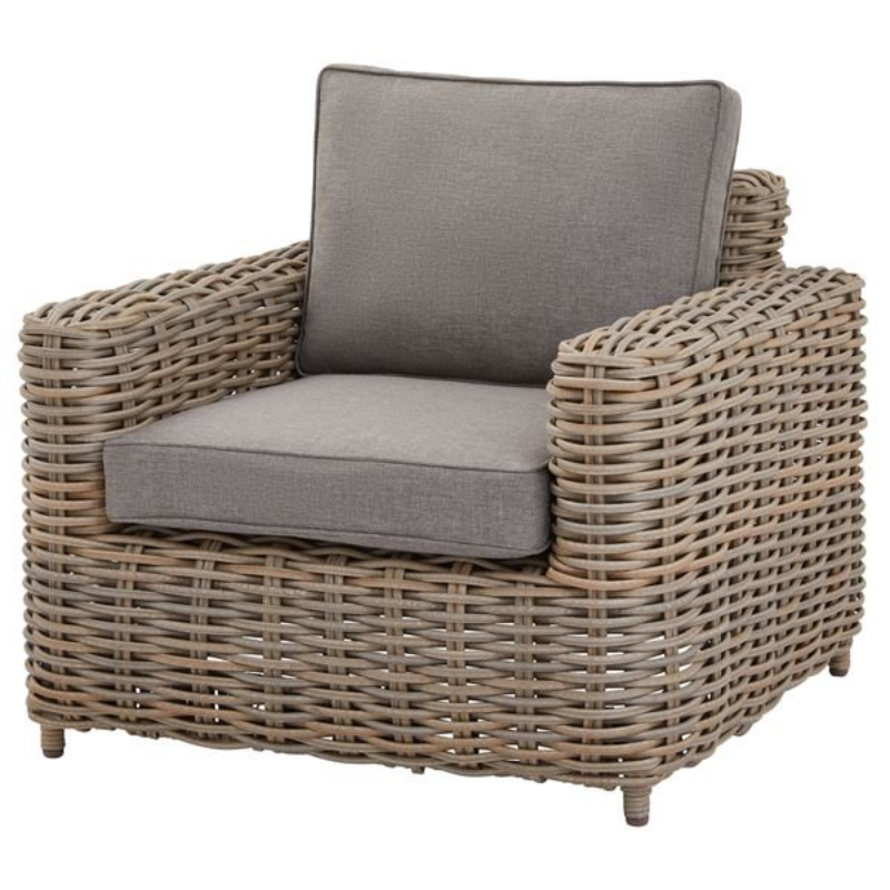 Rattan chair with beige cushions, fabric, metal, synthetic fibres