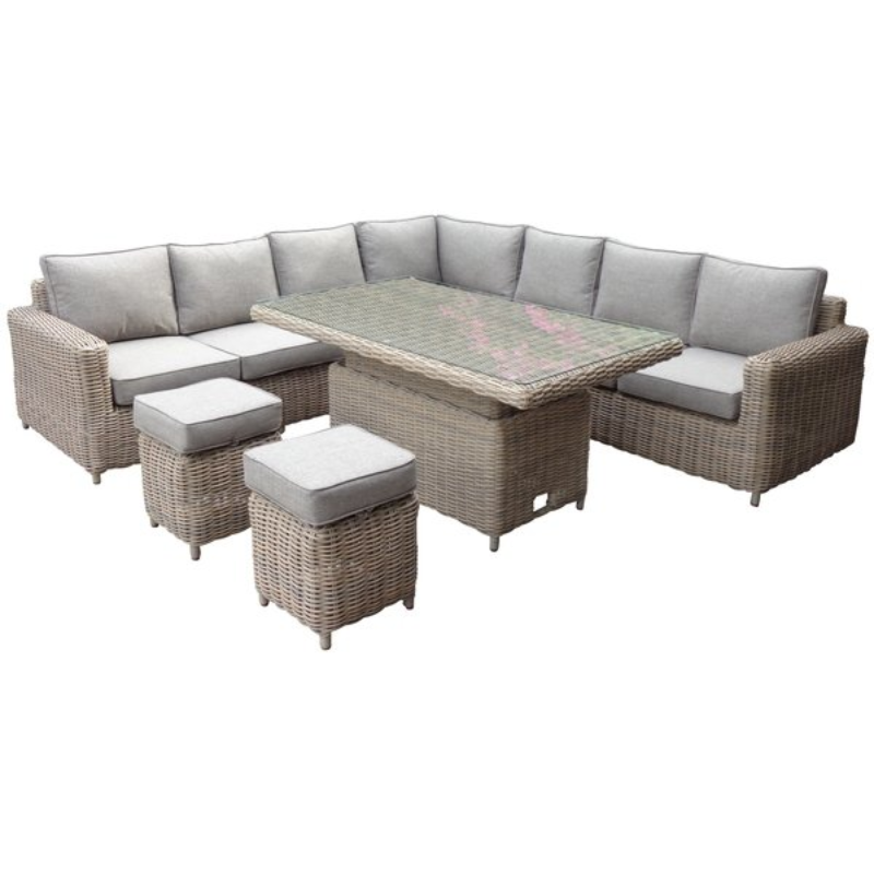 Amalfi corner set. Engineered for versatility, the innovative riser table transitions effortlessly between coffee table and dining heights