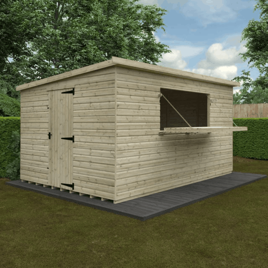 Tanalised shed with a drop down side to make a garden bar.