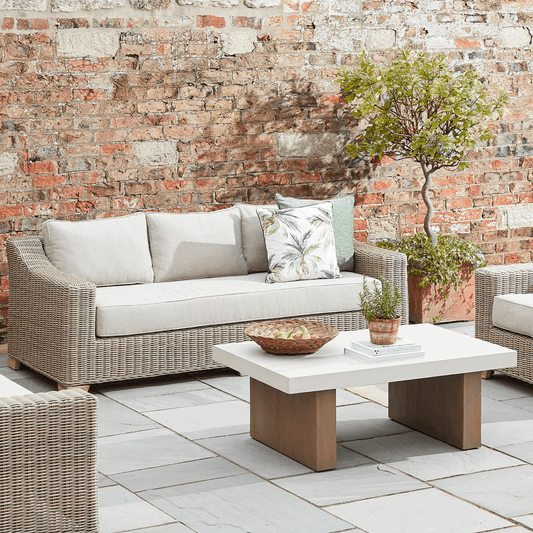 Three seater sofa, wicker with cushions