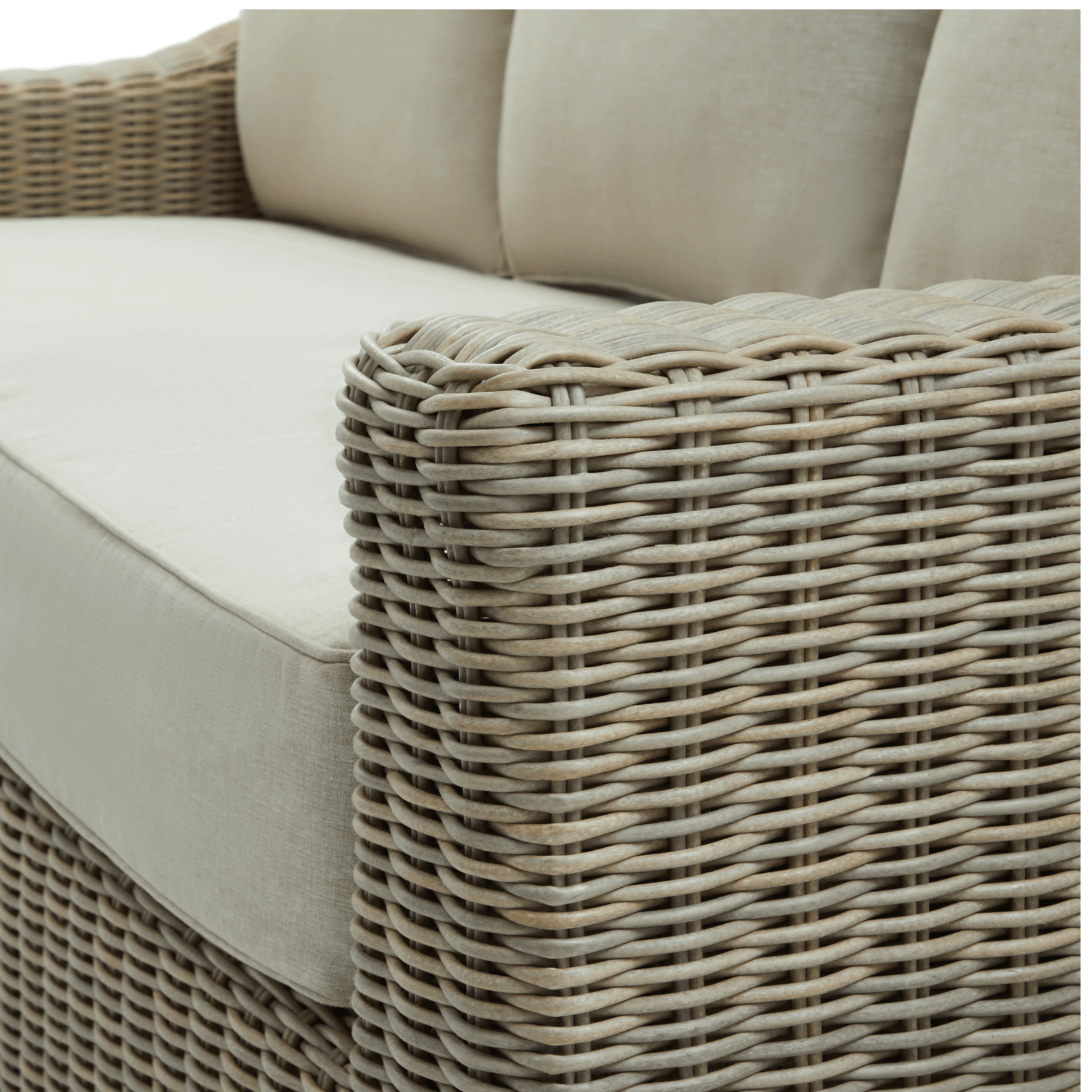 Close up of side - Weather-defying HDPE wicker sofa with color-stable Olefin cushions.