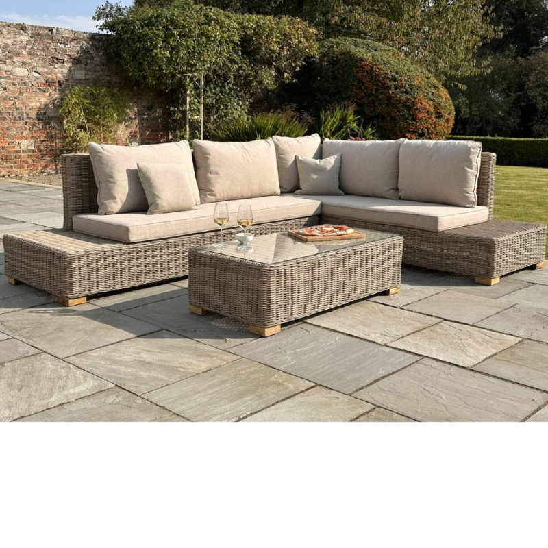 Outdoor patio set with a sectional sofa and coffee table - cushions and rattan design.