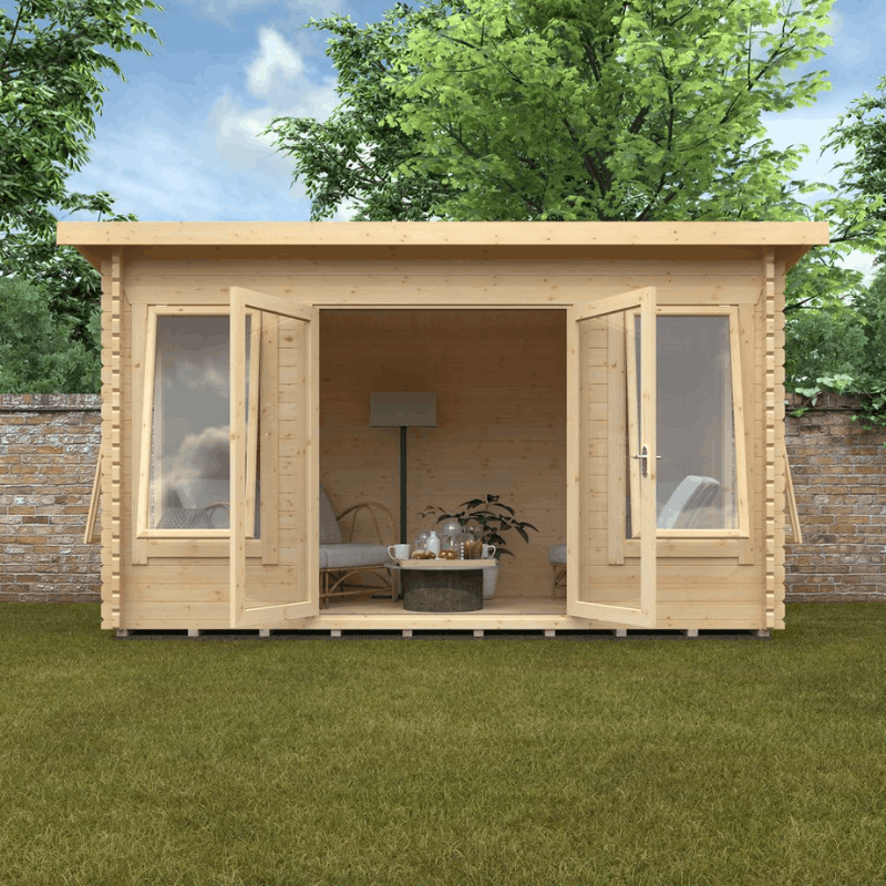 14 x 8 Home Office/Cabin made of wood with toughened double glazing and 5 lever lock as standard - doors open