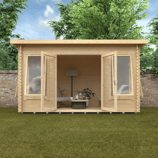14 x 8 Home Office/Cabin made of wood with toughened double glazing and 5 lever lock as standard - doors open