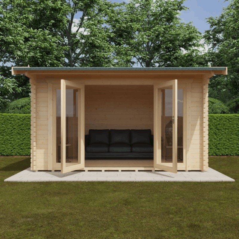 Highclere 14 x 10 44mm Cabin with toughened double glazing and 5 lever lock as standard, doors open