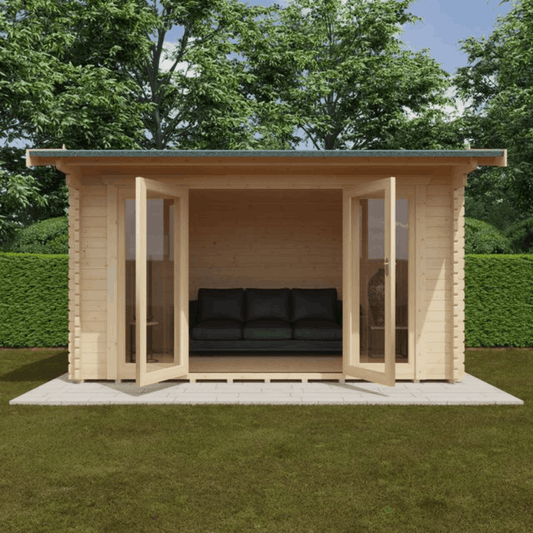 Highclere 14 x 10 44mm Cabin with toughened double glazing and 5 lever lock as standard, doors open