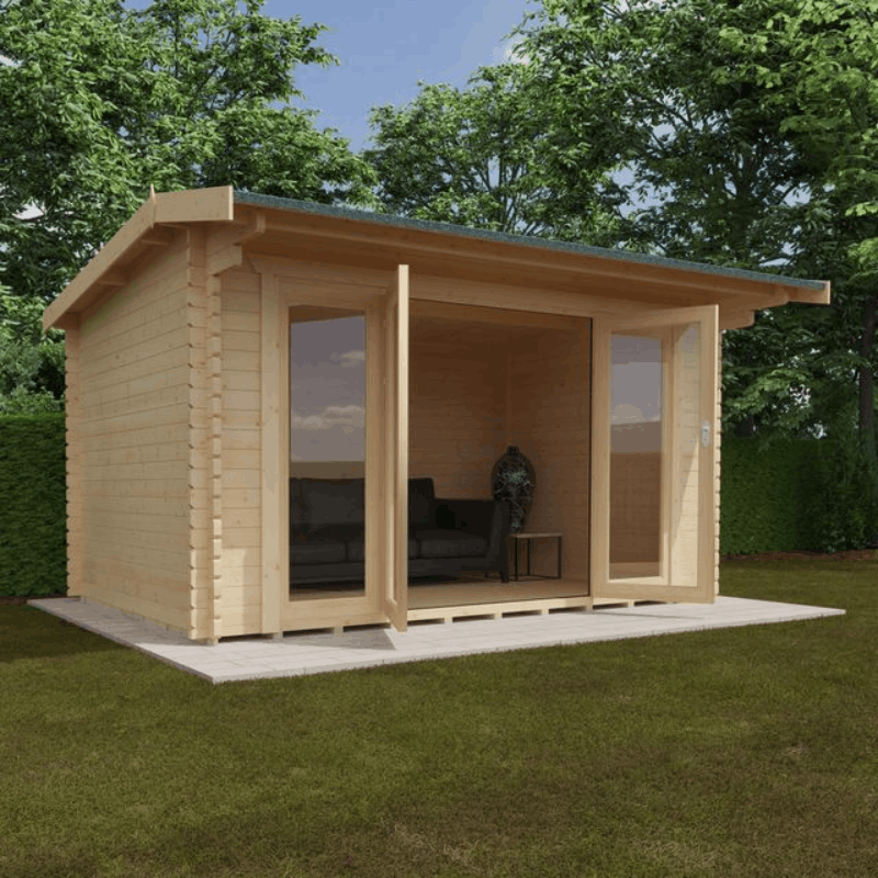 Highclere 14 x 10 44mm Cabin with toughened double glazing and 5 lever lock as standard, doors open