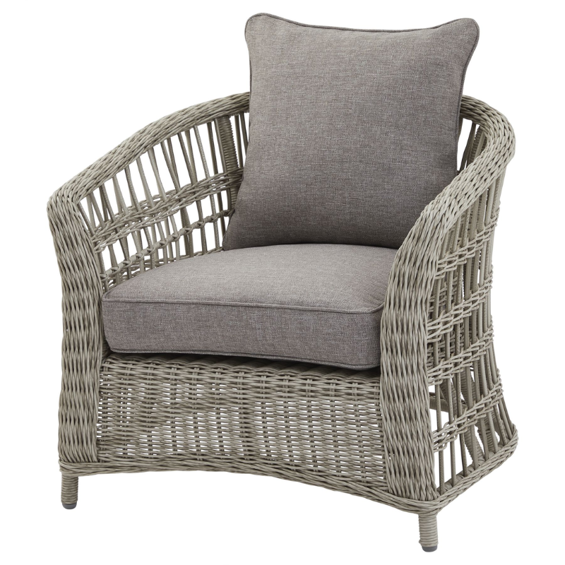 Wicker armchair with weather resistant cushions 