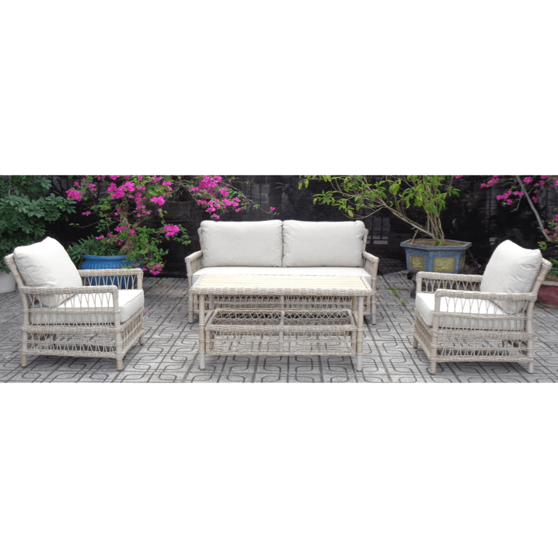 Outdoor furniture set with wicker chairs, sofa and table