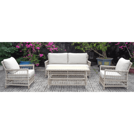 Outdoor furniture set with wicker chairs, sofa and table