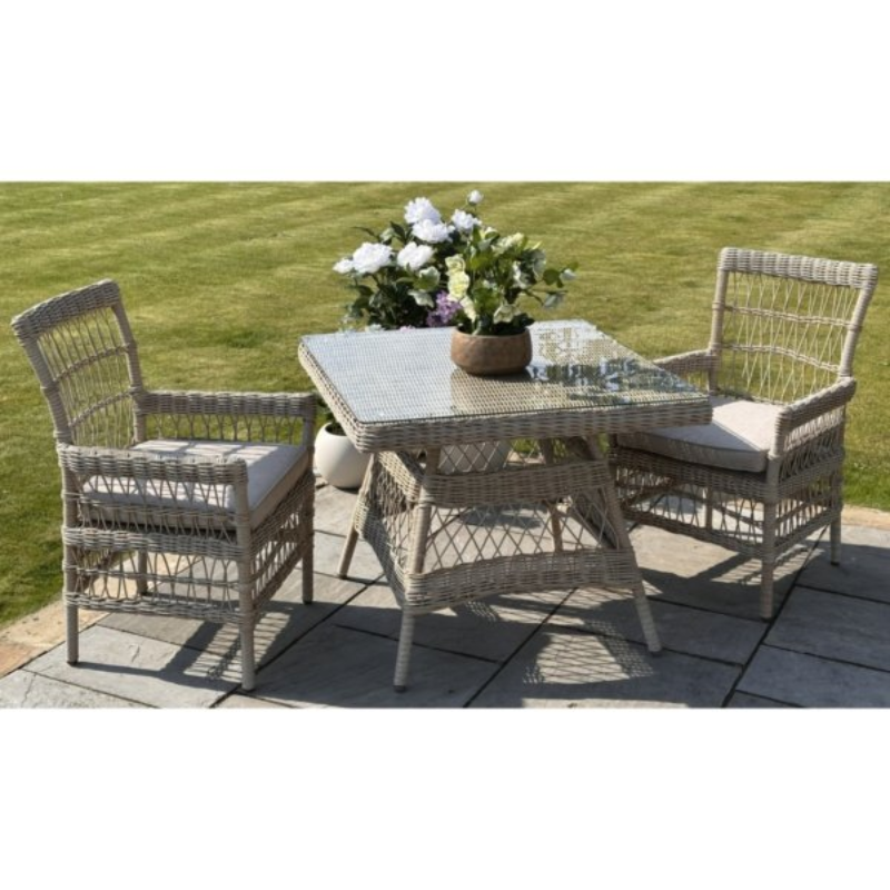 Built with a rust-resistant aluminium frame and a chunky HDPE wicker weave, it offers the authentic look of rattan with superior weather resistance. The tempered glass tabletop adds a sleek, practical finish, while plush Olefin cushions provide comfort with showerproof and UV-resistant protection.