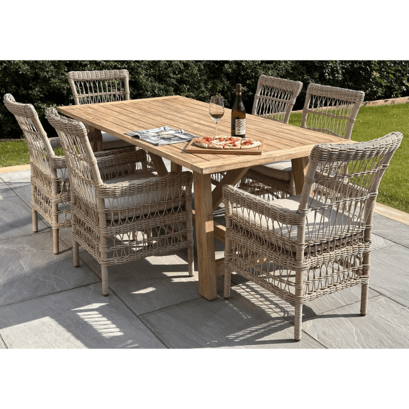 Provence Collection Outdoor Large Dining Table and six wicker chairs