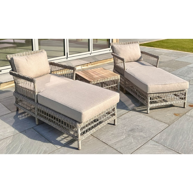 Provence outdoor wicker patio furniture set with two lounge chairs and a small table including cushions