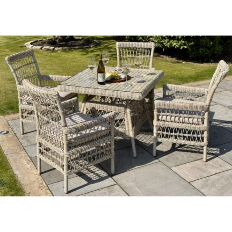 Built with a rust-resistant aluminium frame and a chunky HDPE wicker weave, it offers the authentic look of rattan with superior weather resistance. The tempered glass tabletop adds a sleek, practical finish, while plush Olefin cushions provide comfort with showerproof and UV-resistant protection.