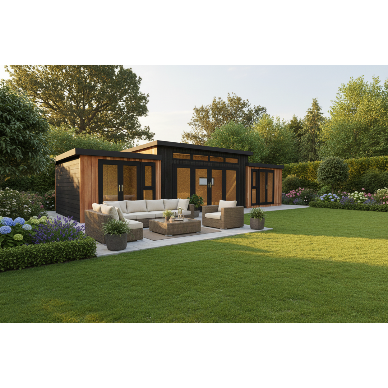 The Ascot Lodge in garden setting three sets of doors